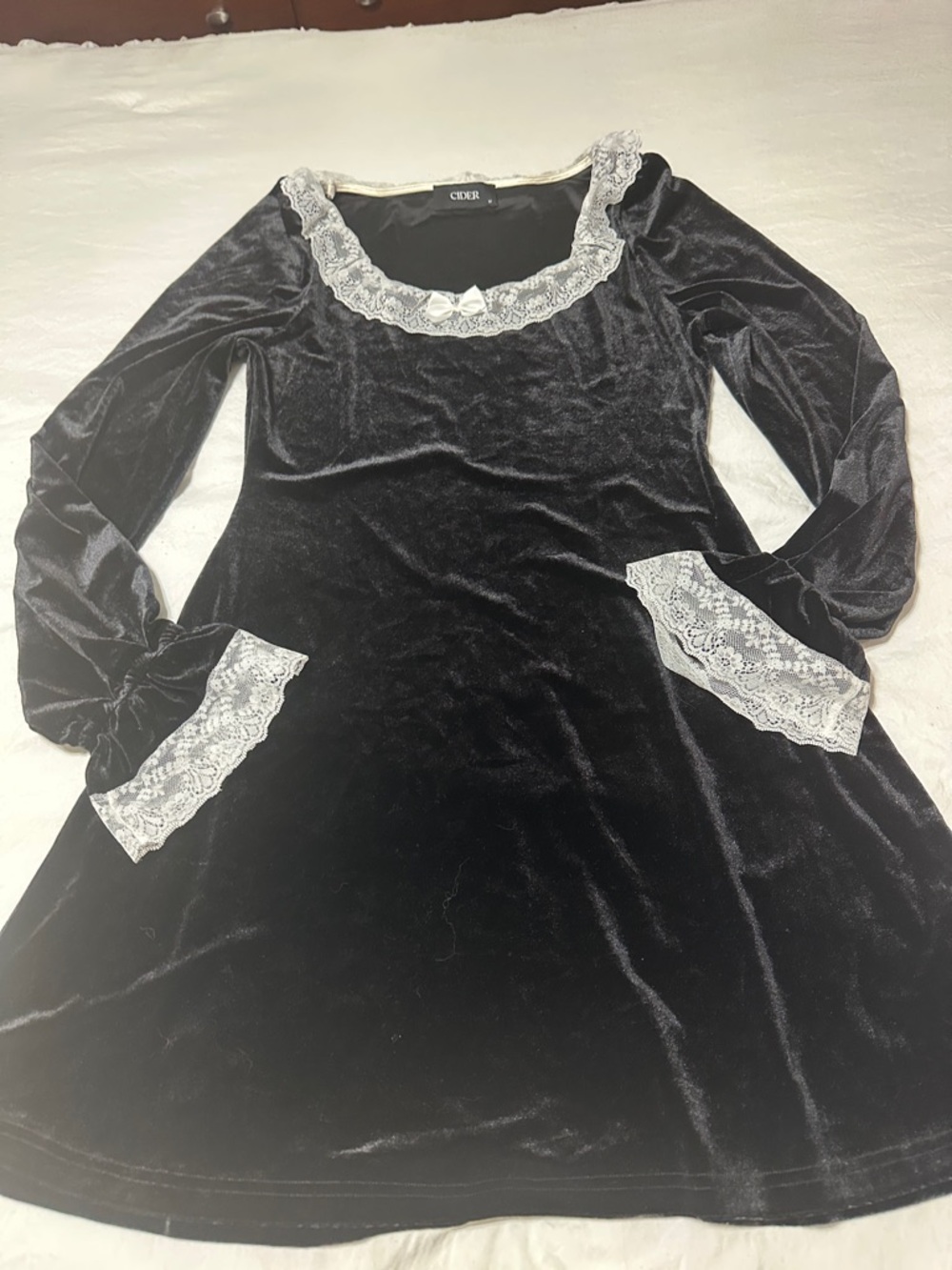 Cider Black Velvet Dress with White Lace Trim